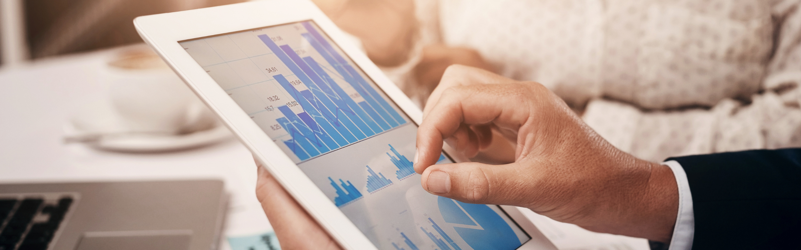 Business People, Hands and Tablet with Graph, Chart or Infographic for Budget Plan or Finance Review. Corporate Group, Accountants and Screen for Data Analysis, Erp and Revenue Report in Office