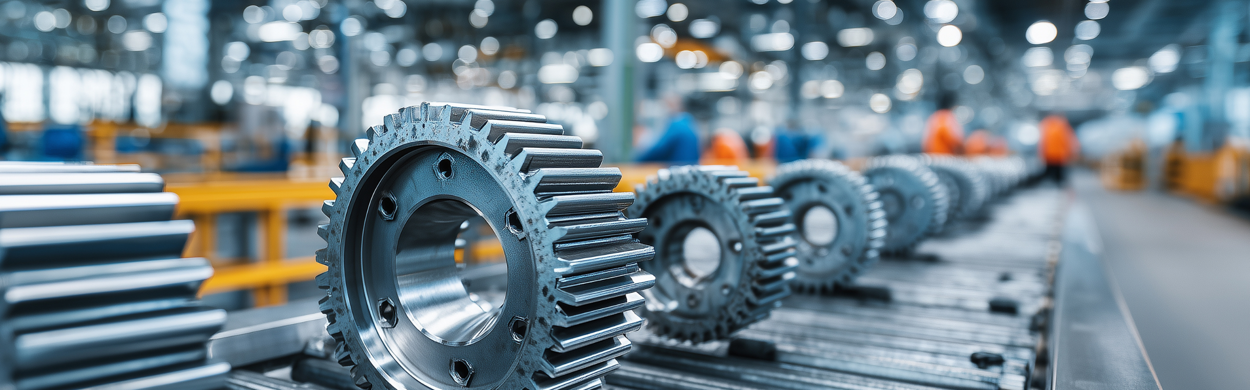 Automotive gear spare parts assembly line at factory. Workers, engineers at work. Mechanical engineering, production process
