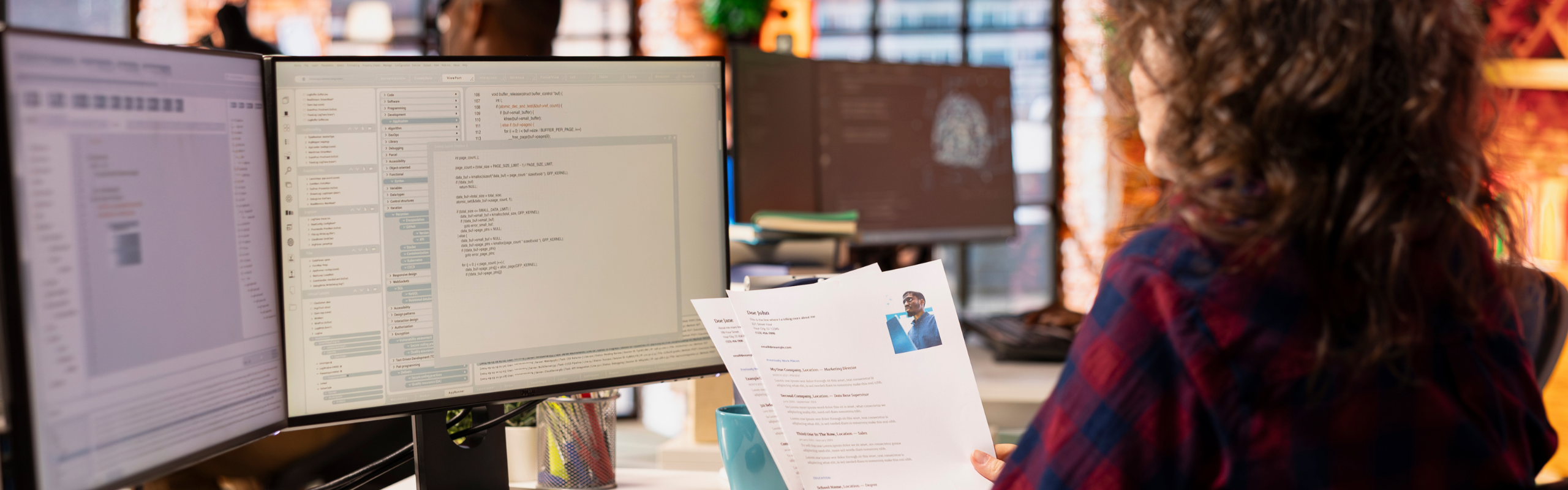 Kobieta przed monitorami, czytająca tekst w systemie i trzymająca czyjeś CV