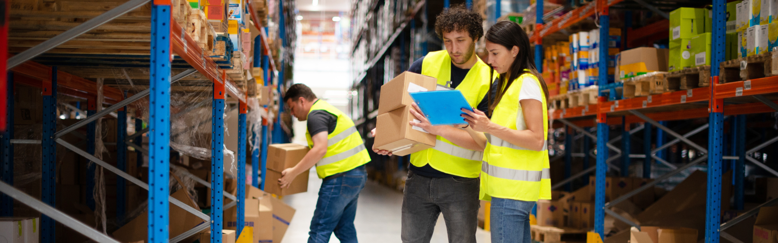 Three people working in warehouse