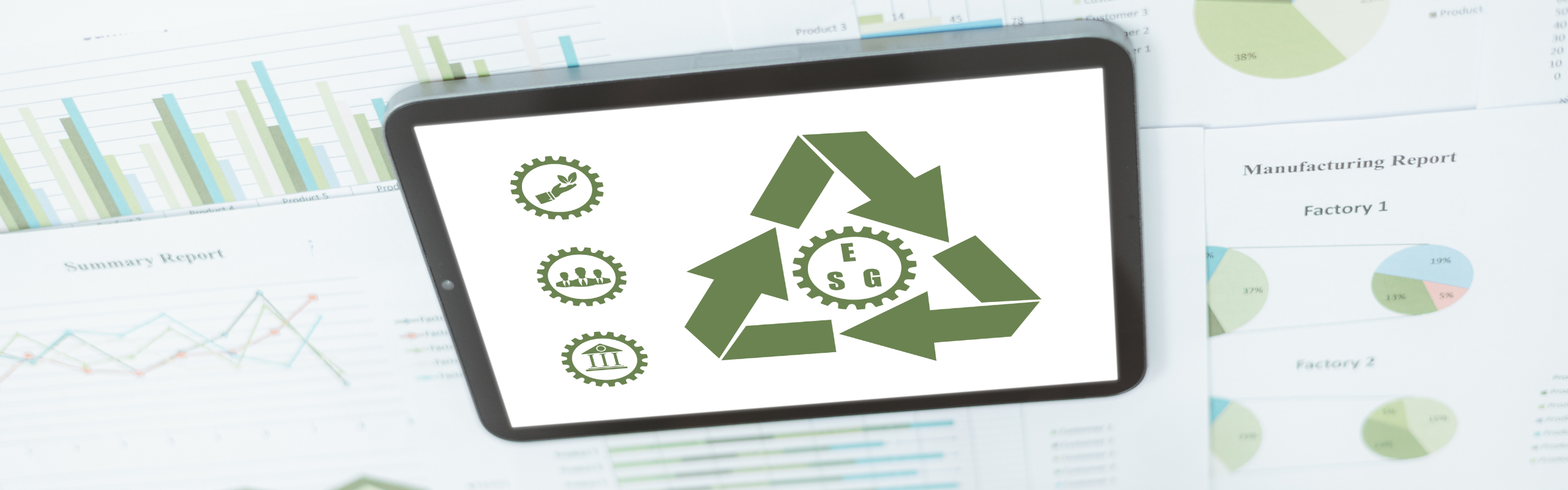 Tablet showing ESG sustainability concept on business charts, symbolizing green investment, corporate responsibility and environmental social governance strategy in modern eco-friendly business.