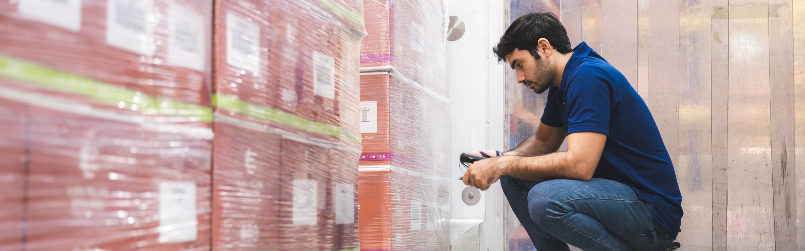 Worker with Scanner Reviewing Goods in Warehouse Storage