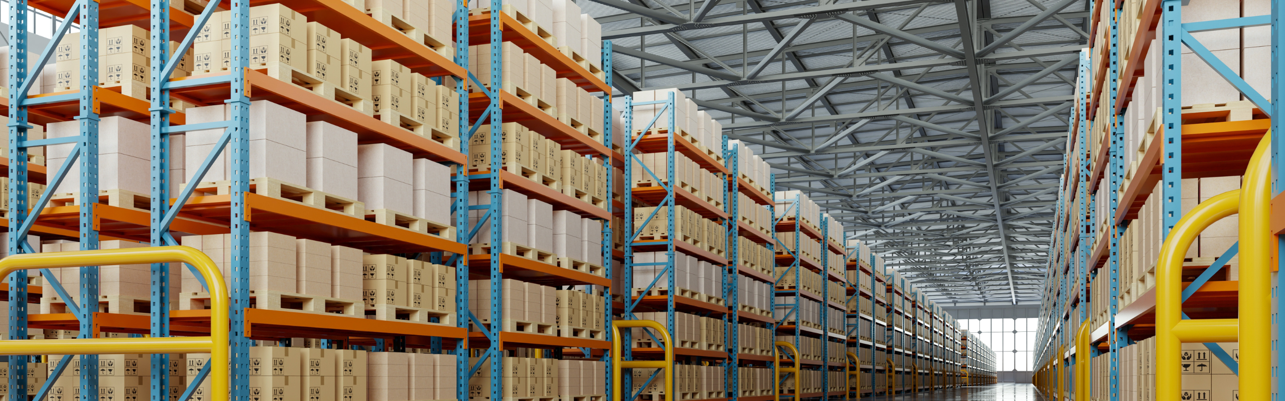 Modern warehouse interior with tall storage racks filled with cardboard boxes