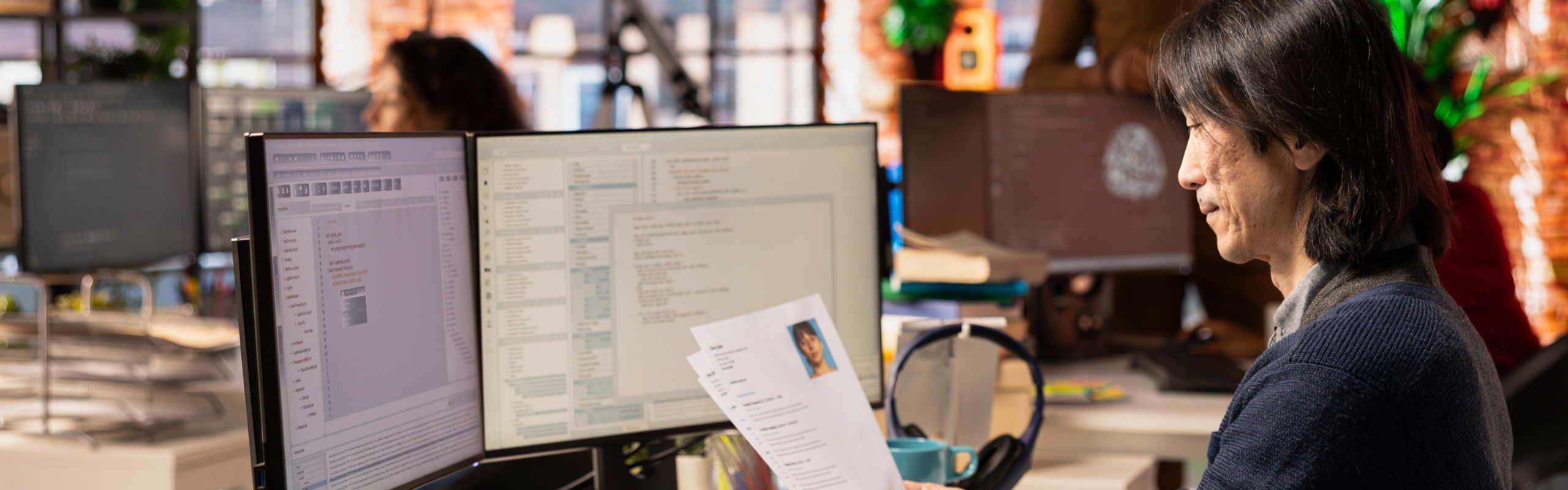 Tech startup company senior HR manager looking at CVs