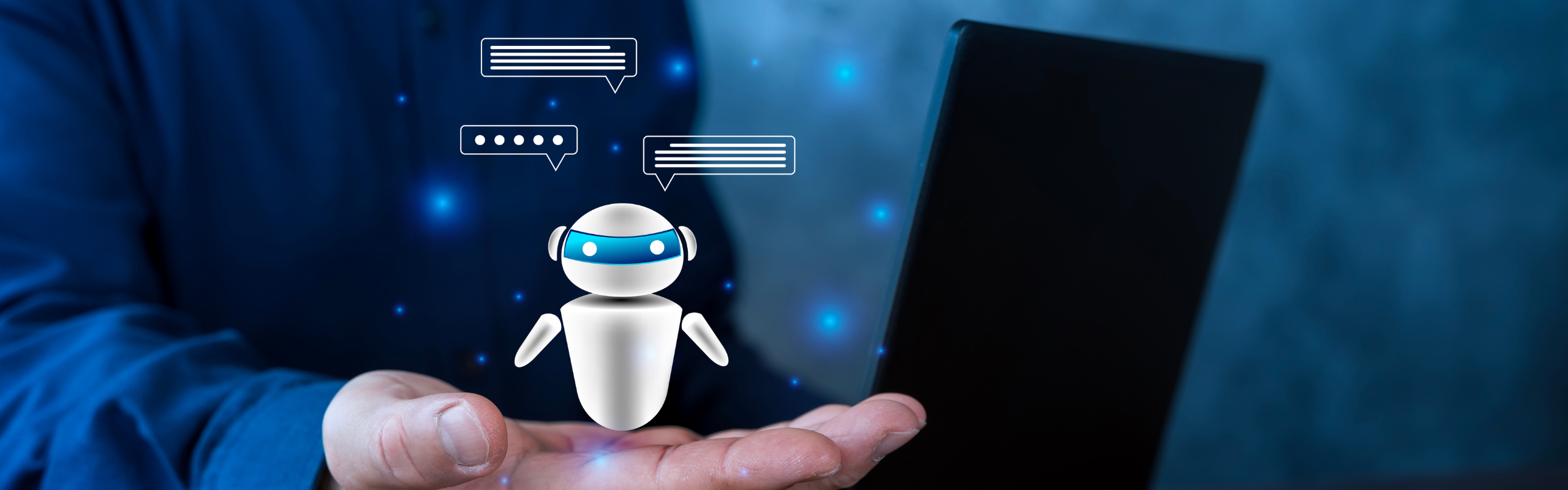 AI Chatbot Hologram Above Hand with Laptop for Virtual Customer