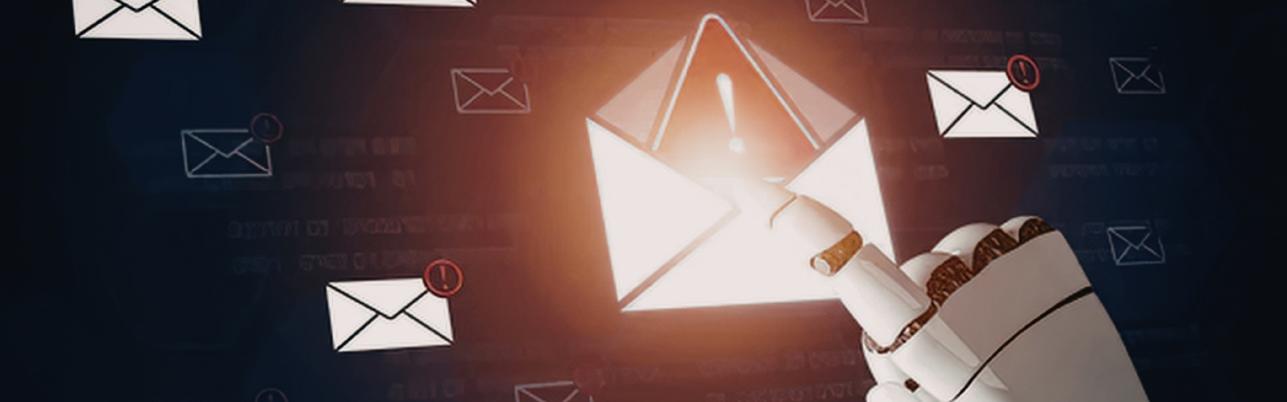 Robotic hand interacting with glowing email icon surrounded by multiple envelope symbols