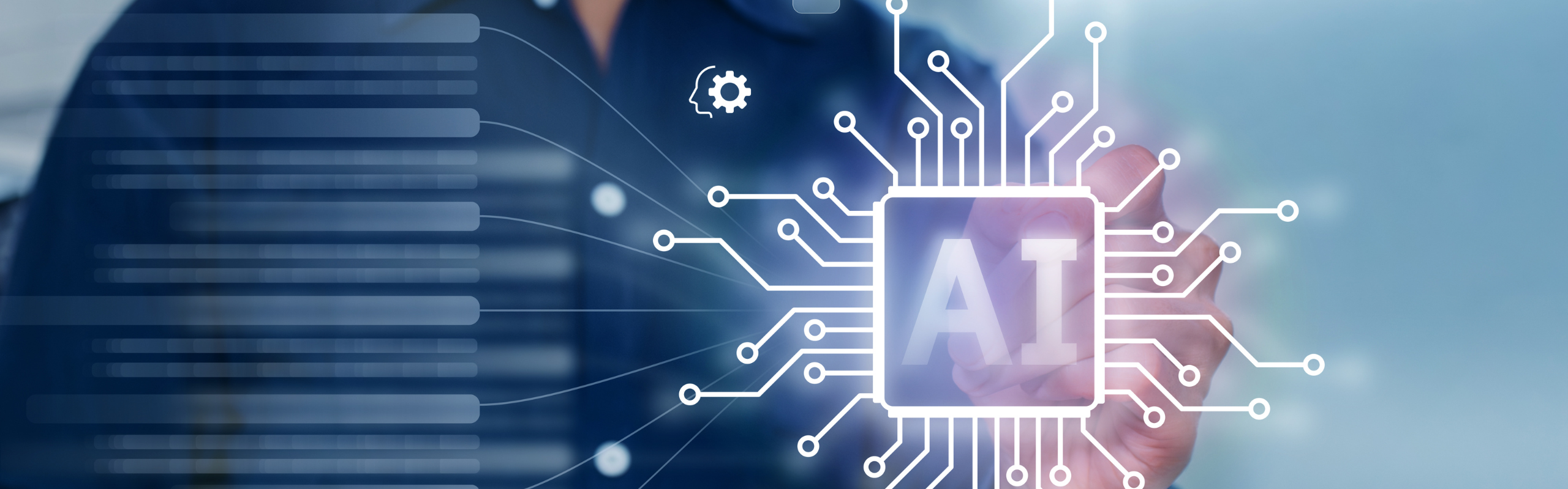 Business professional using a tablet and touching an AI chip interface, symbolizing machine learning, digital transformation, smart automation, data processing, and enterprise technology innovation.