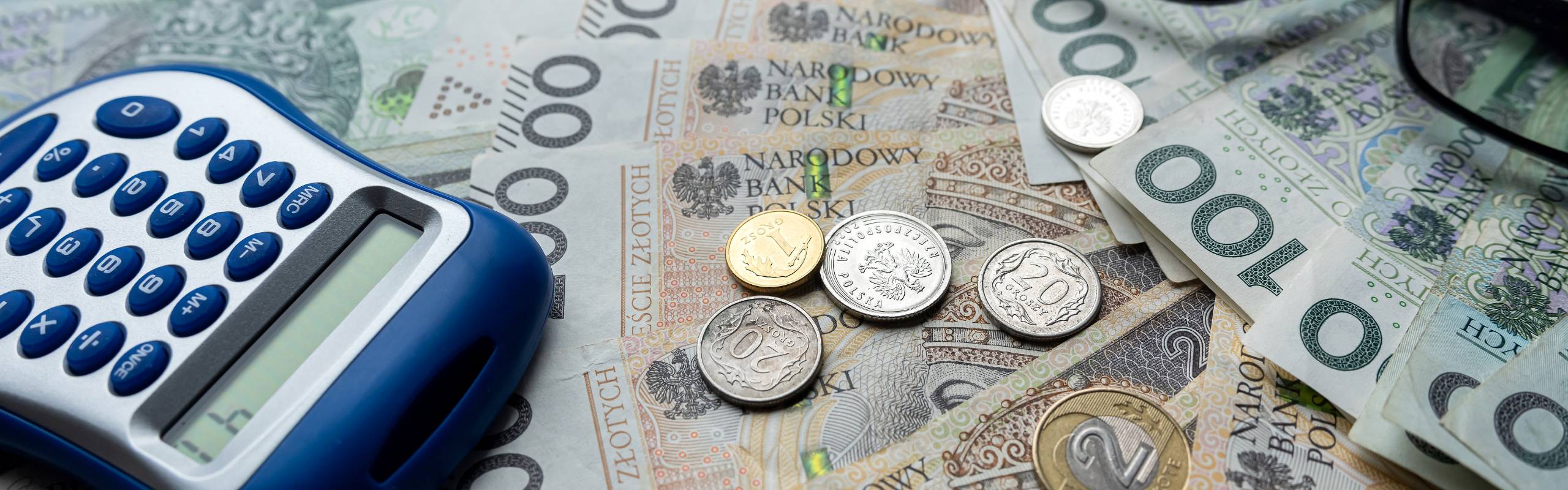 Pln Polish Zloty Money with Calculator with Glasses Saving Financial Concept