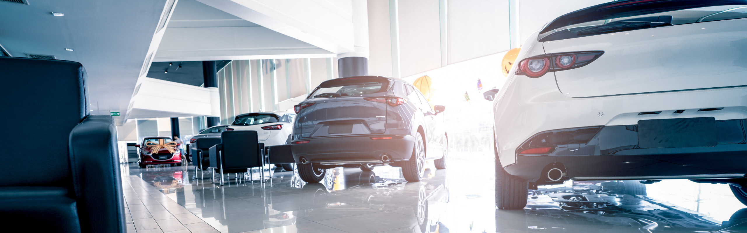 Rearview car parked in luxury showroom. Car dealership office. N