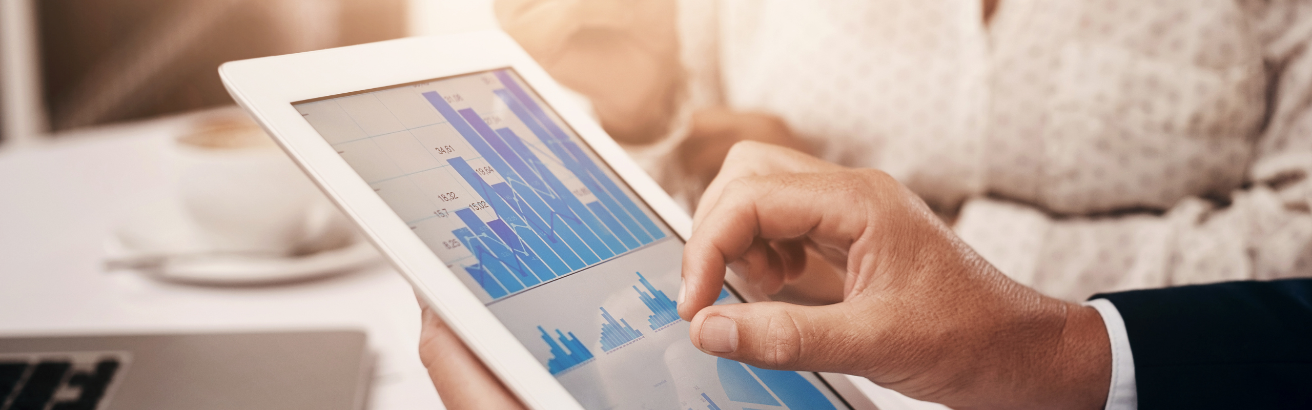 Business People, Hands and Tablet with Graph, Chart or Infographic for Budget Plan or Finance Review. Corporate Group, Accountants and Screen for Data Analysis, Erp and Revenue Report in Office