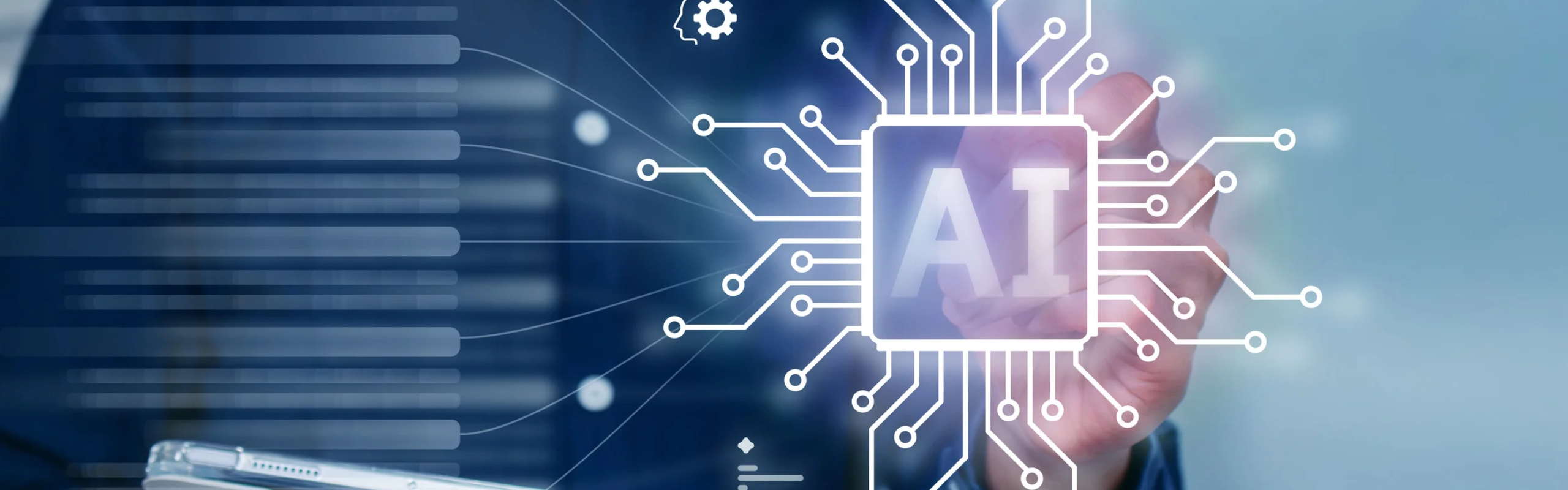 Business professional using a tablet and touching an AI chip interface, symbolizing machine learning, digital transformation, smart automation, data processing, and enterprise technology innovation.